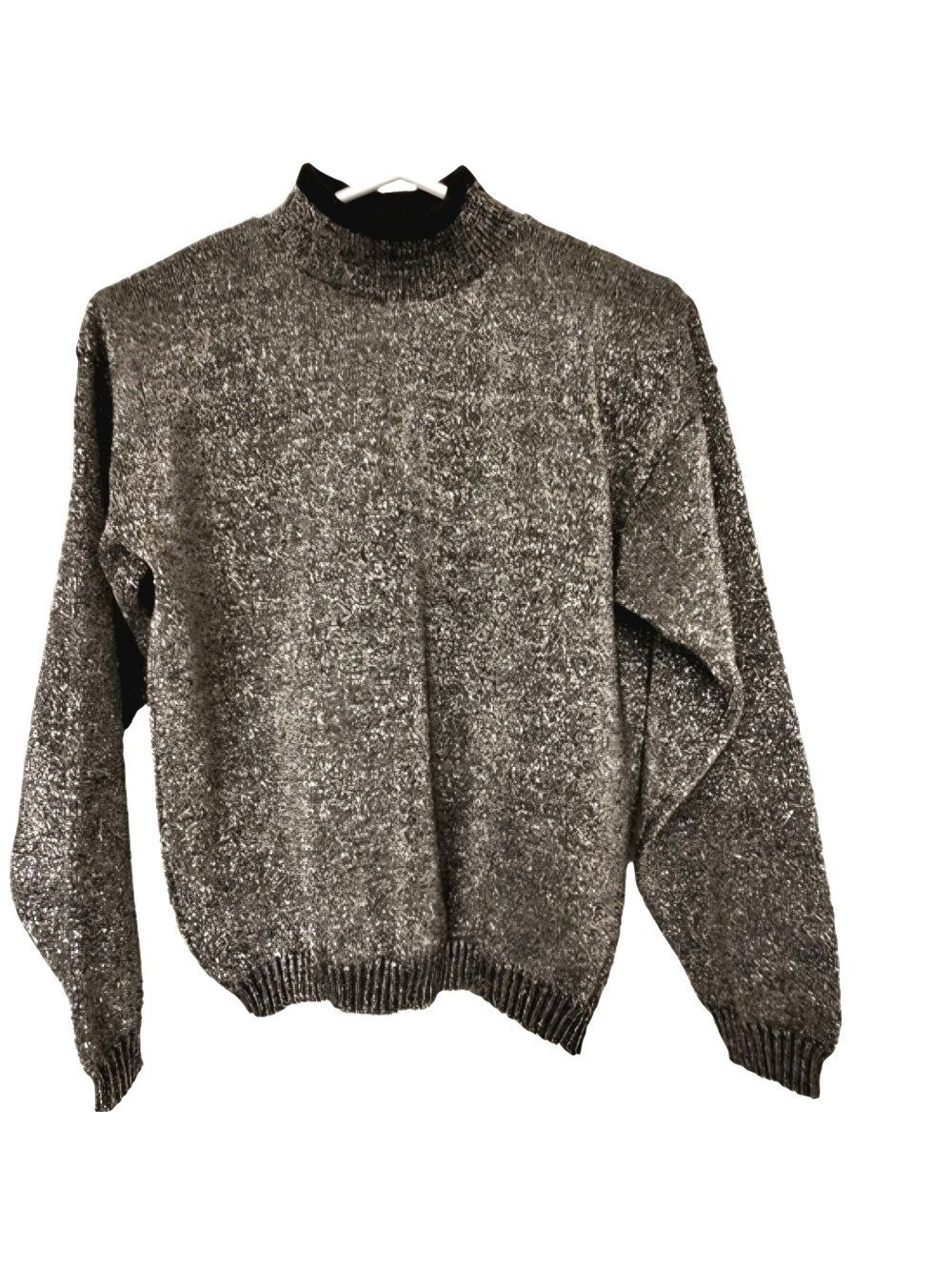 Jessica Y2K Metallic Knit Sweater Pullover Mockneck Long Sleeves Black Silver
